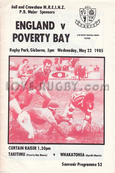 1985 Poverty Bay v England  Rugby Programme